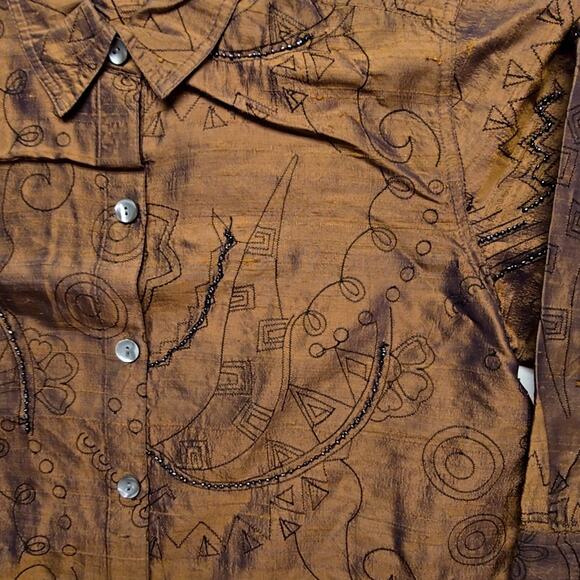 Vintage Bleu Bayou Silk Shirt Embroidered Small Brown Beaded Blouse 90s - Picture 5 of 14